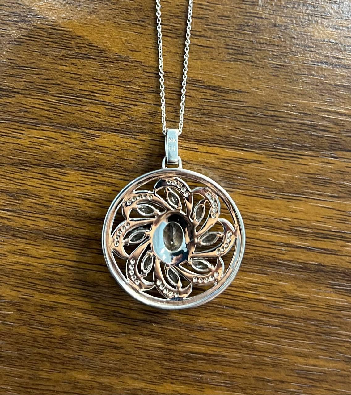 Blue Aquamarine Floral Motif Diamond 14K White Gold Pendant Medallion Necklace
