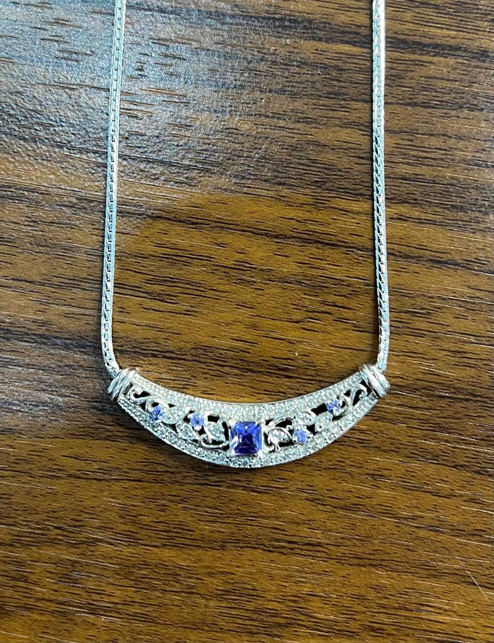Square Blue Tanzanite White Diamonds Pave 14K White Gold Bib Pendant Necklace