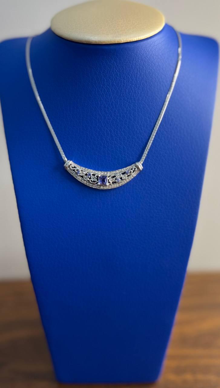 Square Blue Tanzanite White Diamonds Pave 14K White Gold Bib Pendant Necklace