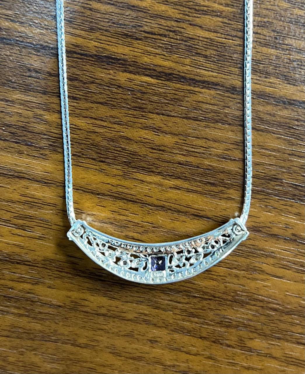 Square Blue Tanzanite White Diamonds Pave 14K White Gold Bib Pendant Necklace