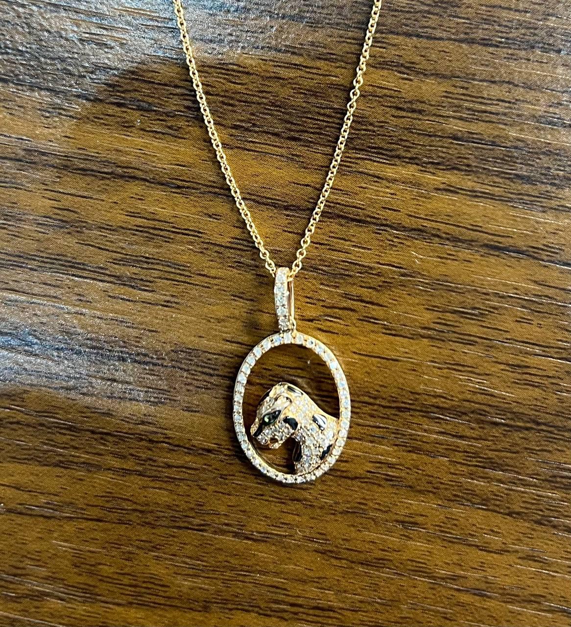 Diamond Leopard Jaguar Panther Halo 14K Rose Gold Pendant Medallion Necklace