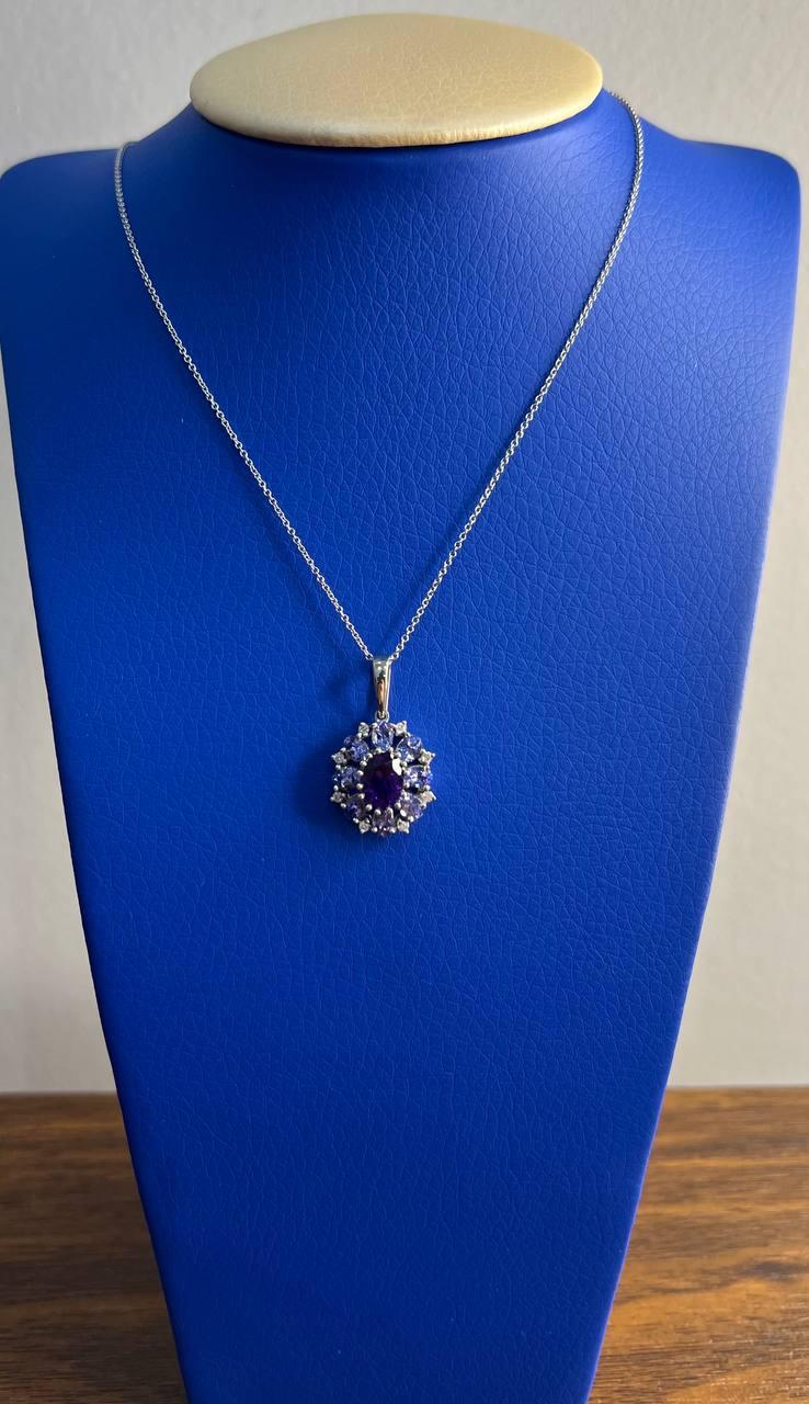 Purple Violet Amethyst & Blue Sapphire Diamond 14K White Gold Pendant Necklace