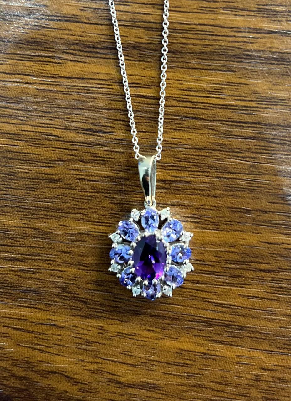 Purple Violet Amethyst & Blue Sapphire Diamond 14K White Gold Pendant Necklace