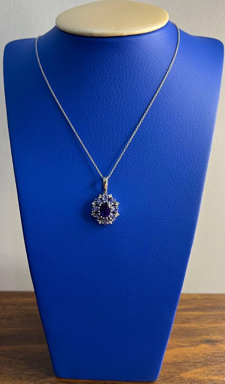 Purple Violet Amethyst & Blue Sapphire Diamond 14K White Gold Pendant Necklace
