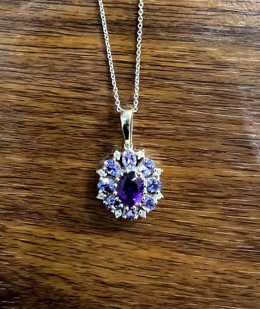 Purple Violet Amethyst & Blue Sapphire Diamond 14K White Gold Pendant Necklace