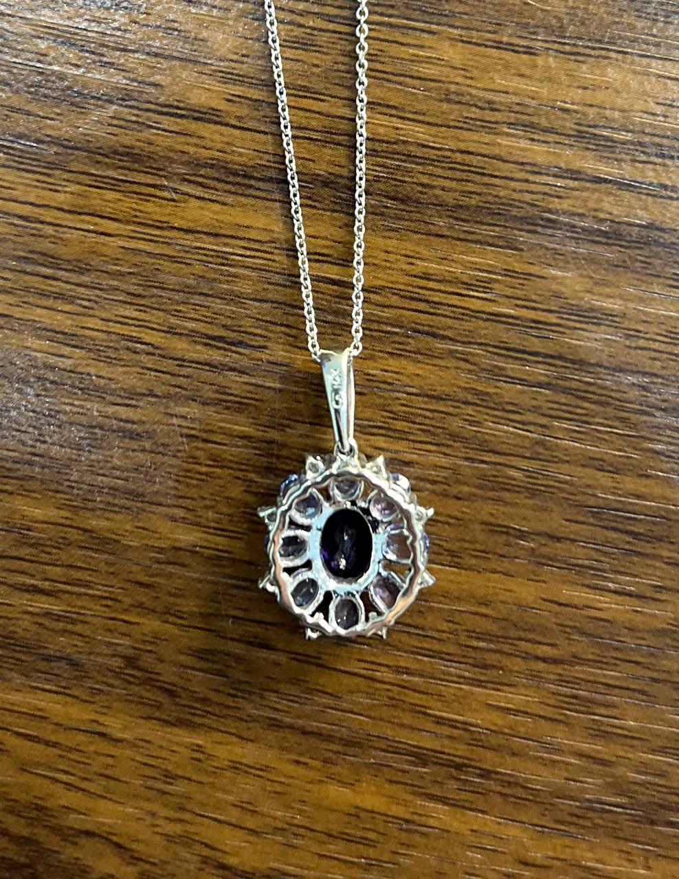 Purple Violet Amethyst & Blue Sapphire Diamond 14K White Gold Pendant Necklace