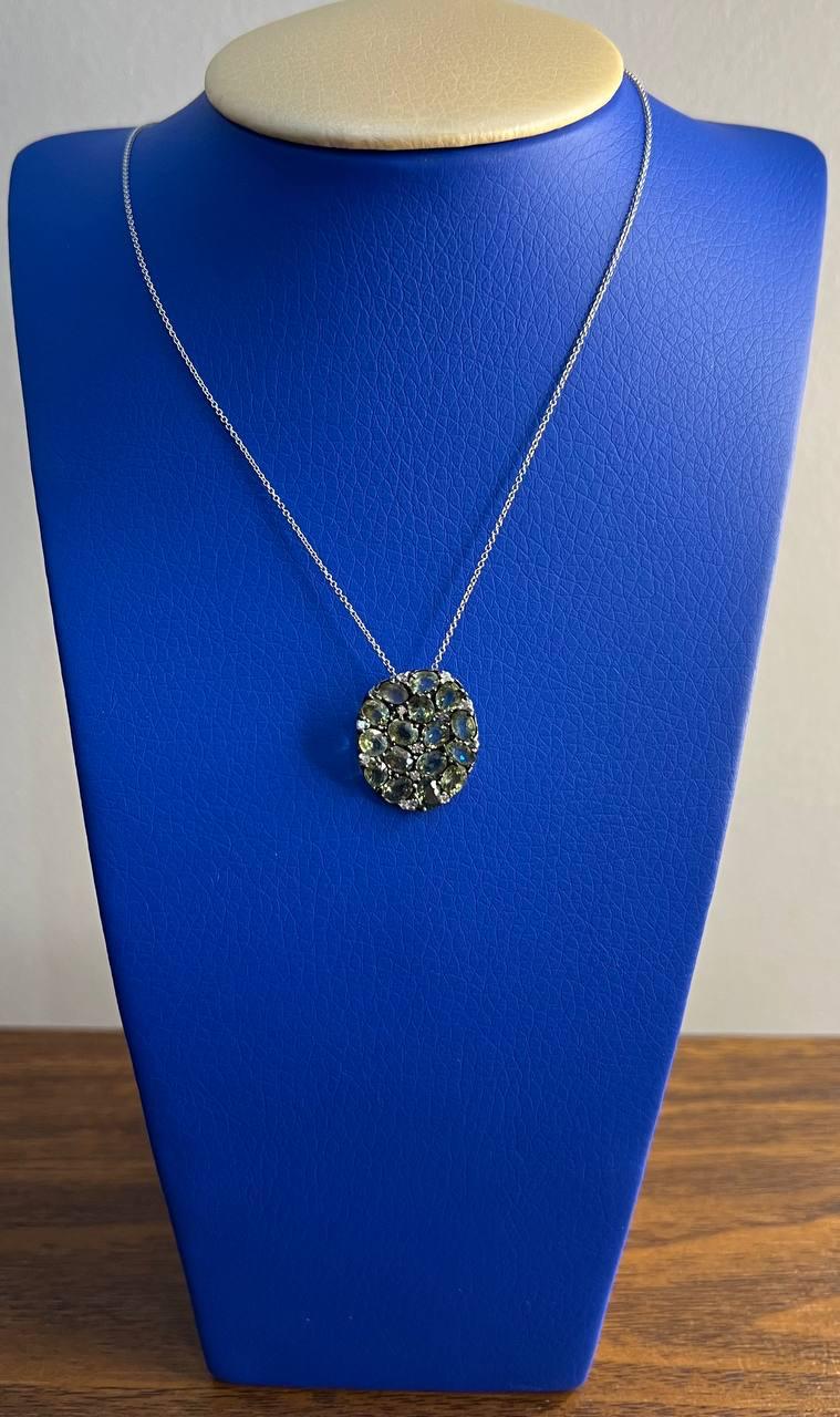 Green Sapphires Pave Set Diamonds 14K White Gold Pendant Necklace