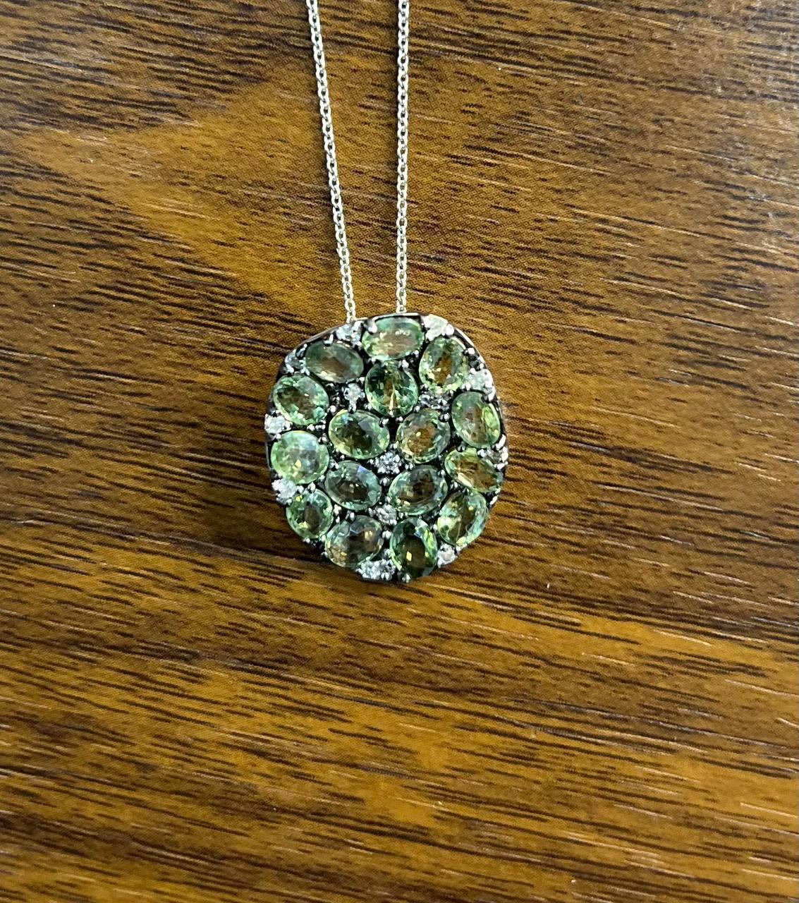 Green Sapphires Pave Set Diamonds 14K White Gold Pendant Necklace