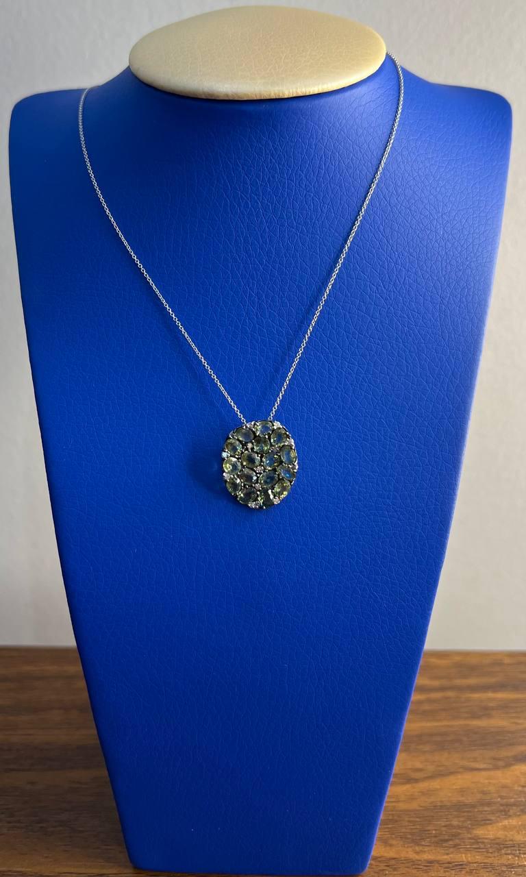 Green Sapphires Pave Set Diamonds 14K White Gold Pendant Necklace
