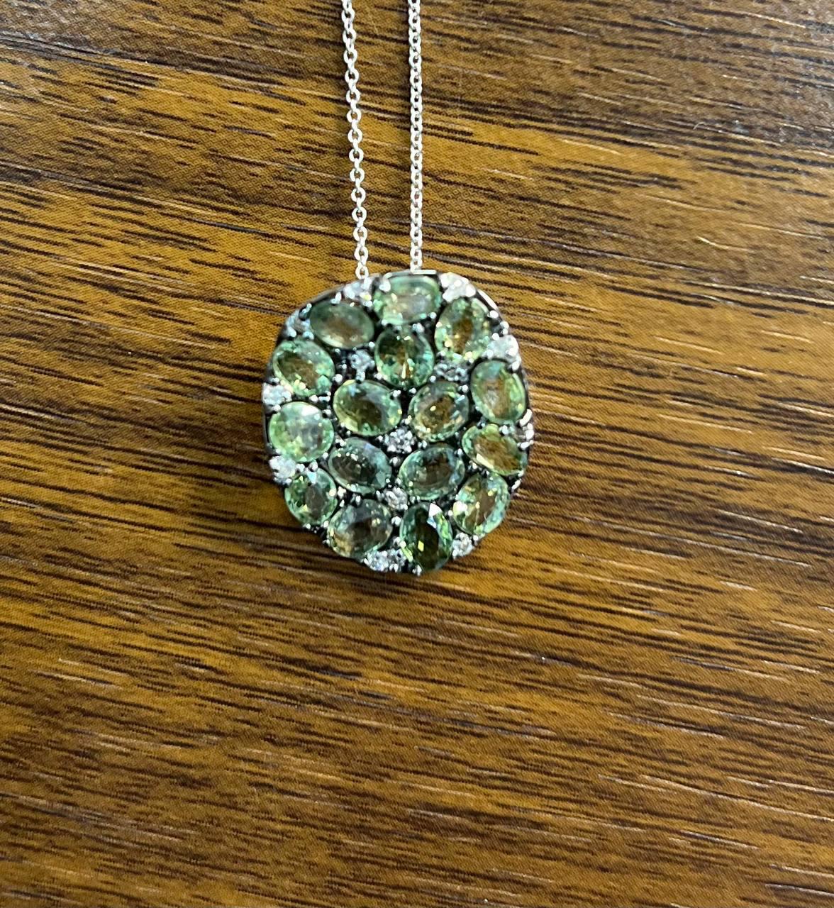 Green Sapphires Pave Set Diamonds 14K White Gold Pendant Necklace