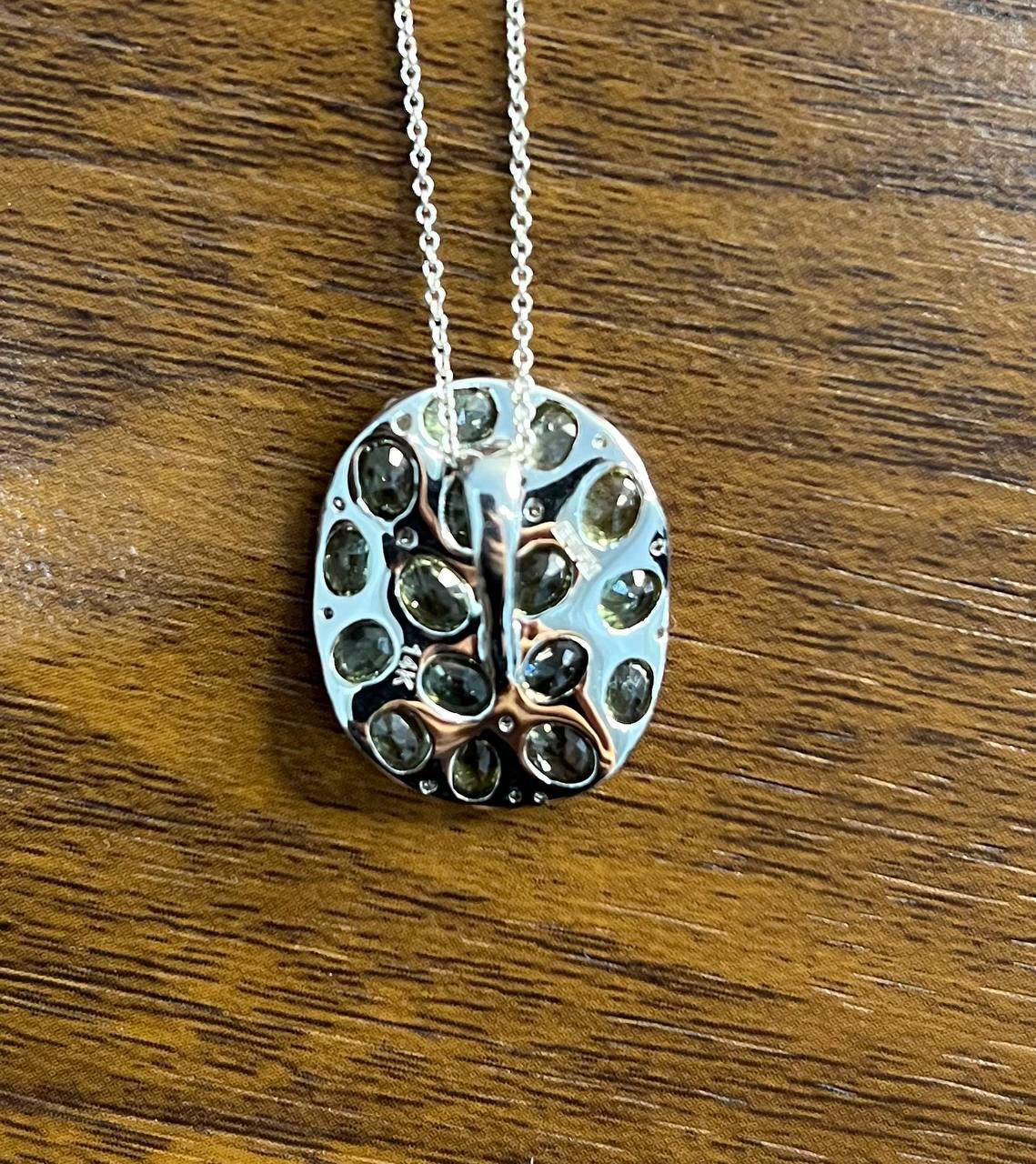 Green Sapphires Pave Set Diamonds 14K White Gold Pendant Necklace