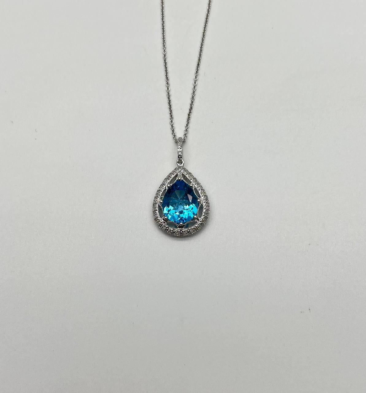 Pear Teardrop Swiss Blue Topaz 14K White Gold Diamond Halo Pendant Necklace