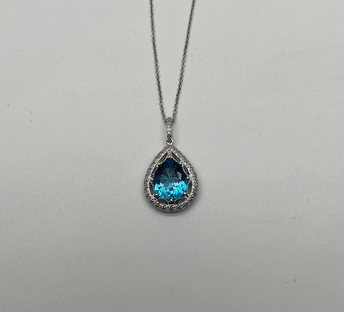 Pear Teardrop Swiss Blue Topaz 14K White Gold Diamond Halo Pendant Necklace