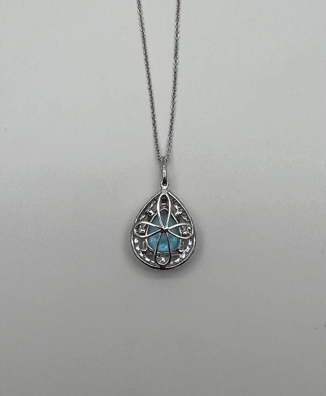 Pear Teardrop Swiss Blue Topaz 14K White Gold Diamond Halo Pendant Necklace