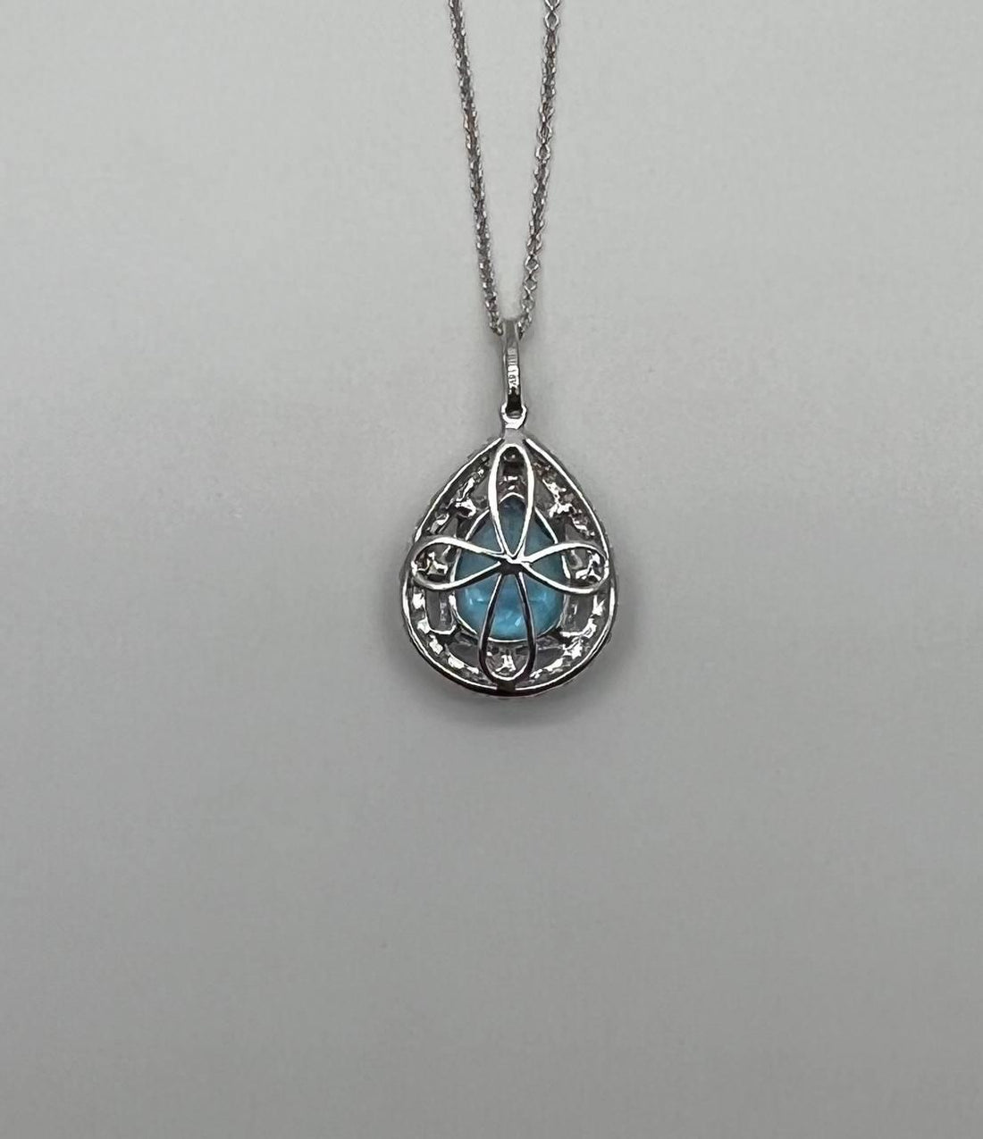 Pear Tear Drop Shape Swiss Blue Topaz Diamond Halo White Gold Pendant Necklace