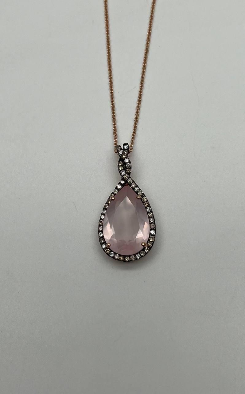 Pear Teardrop Cut Pink Rose Quartz Diamonds Halo 14K Rose Gold Pendant Necklace