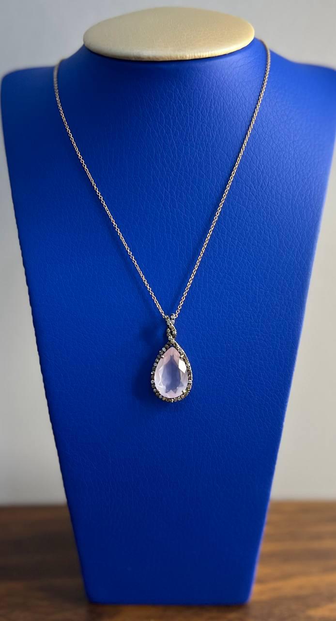 Pear Teardrop Cut Pink Rose Quartz Diamonds Halo 14K Rose Gold Pendant Necklace