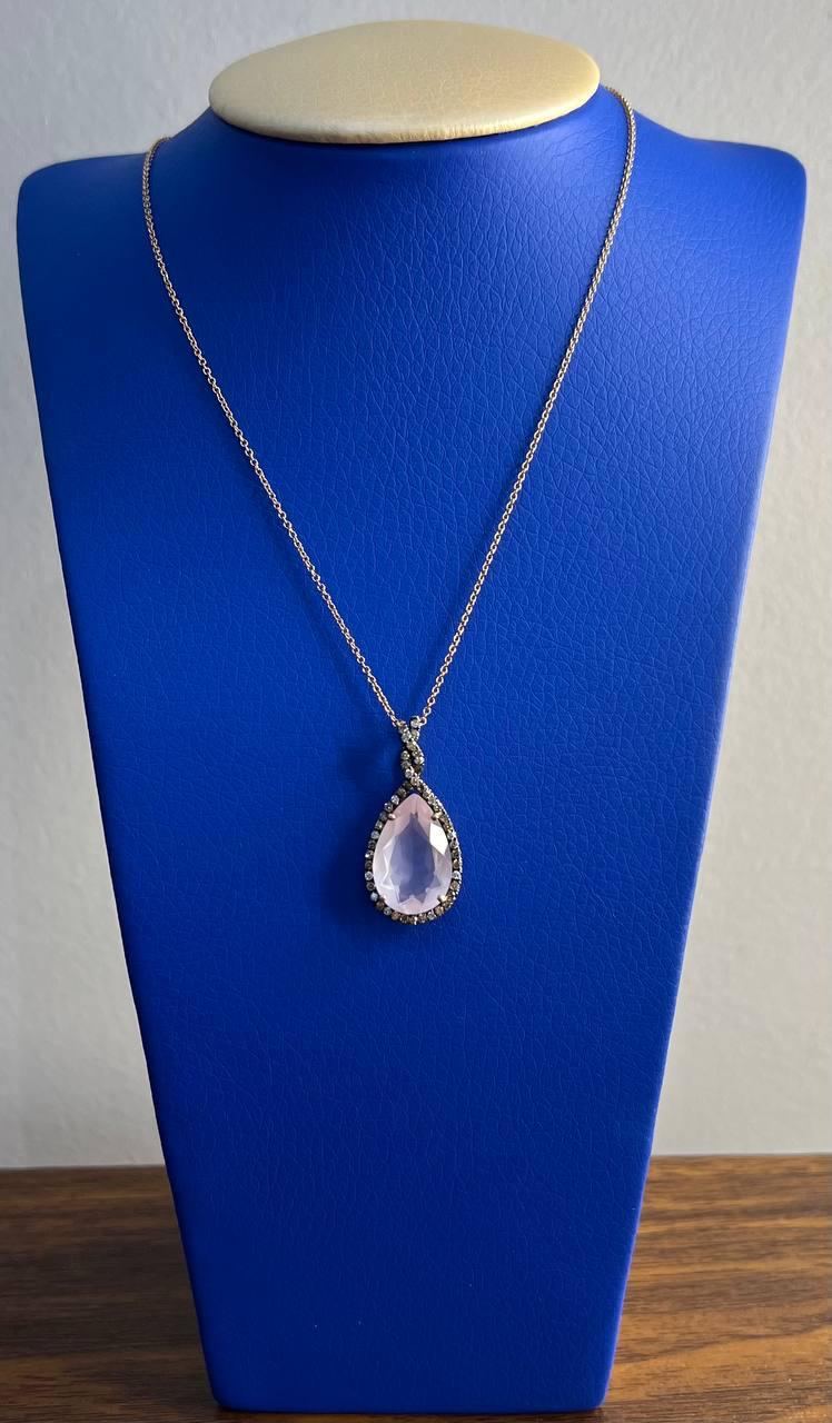 Pear Teardrop Cut Pink Rose Quartz Diamonds Halo 14K Rose Gold Pendant Necklace