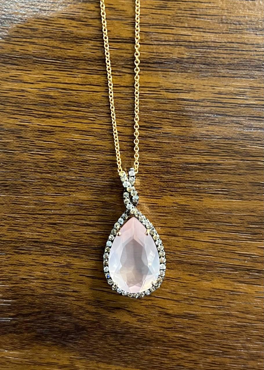 Pear Teardrop Cut Pink Rose Quartz Diamonds Halo 14K Rose Gold Pendant Necklace
