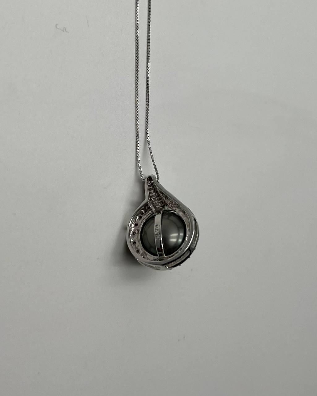 Silver Grey Black Tahitian Pearl Diamonds Halo 14K White Gold Pendant Necklace
