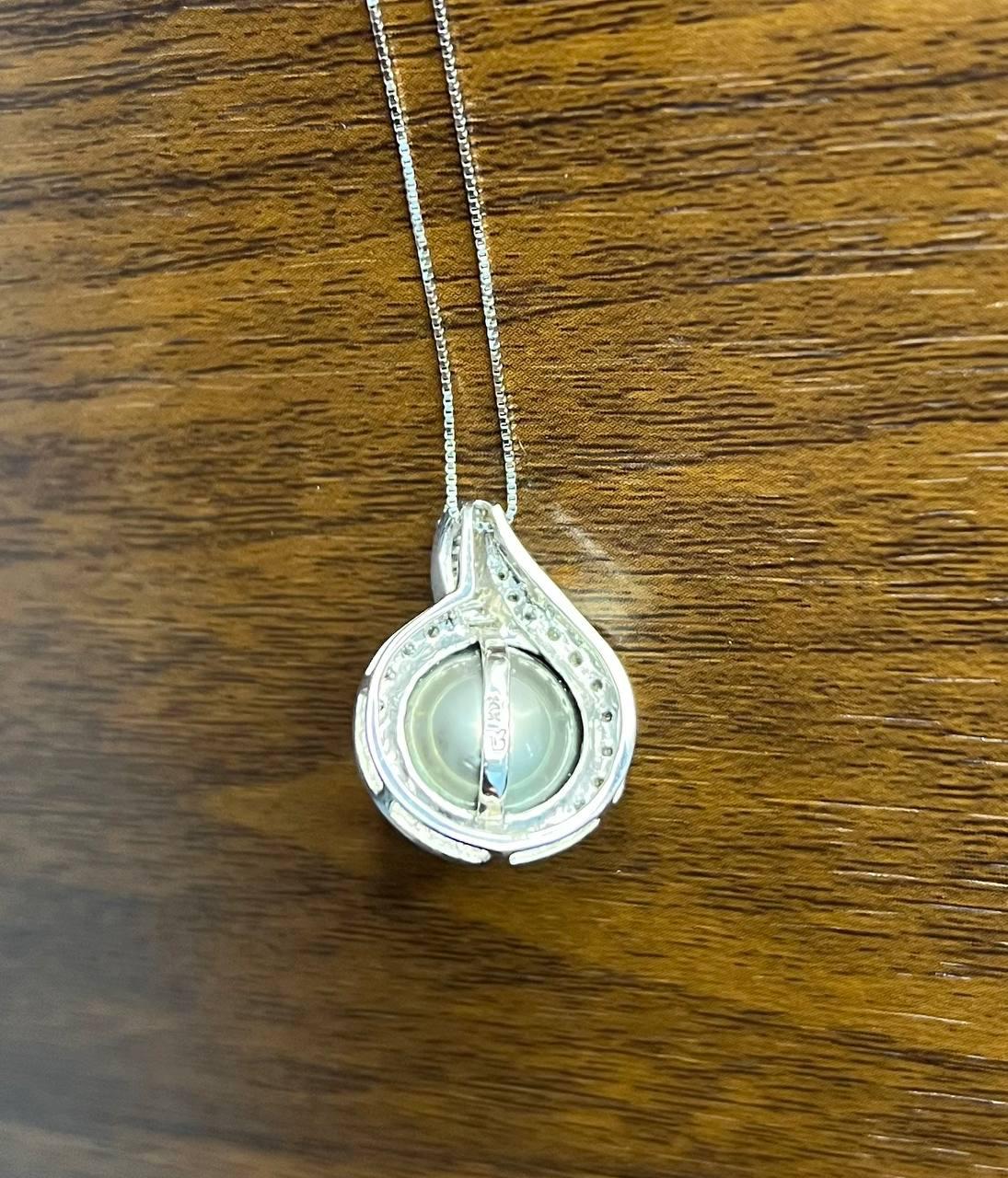 Silver Grey Black Tahitian Pearl Diamonds Halo 14K White Gold Pendant Necklace