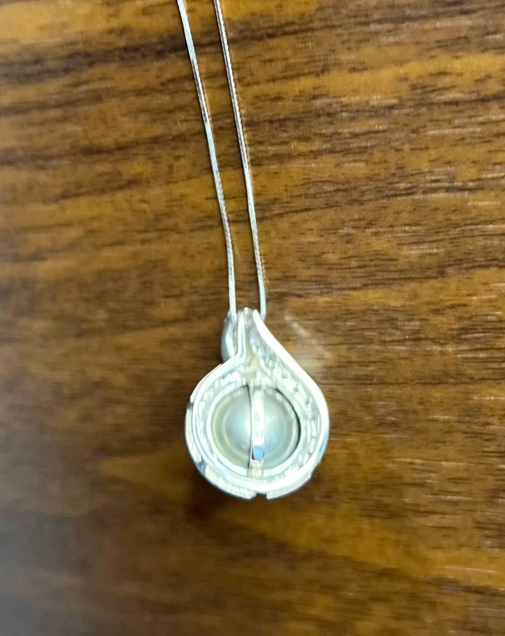 Silver Grey Black Tahitian Pearl Diamonds Halo 14K White Gold Pendant Necklace