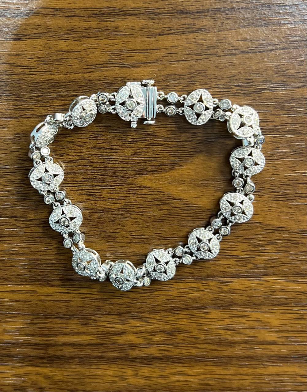 Vintage Style Edwardian Diamond Filigree 14K White Gold Statement Bracelet