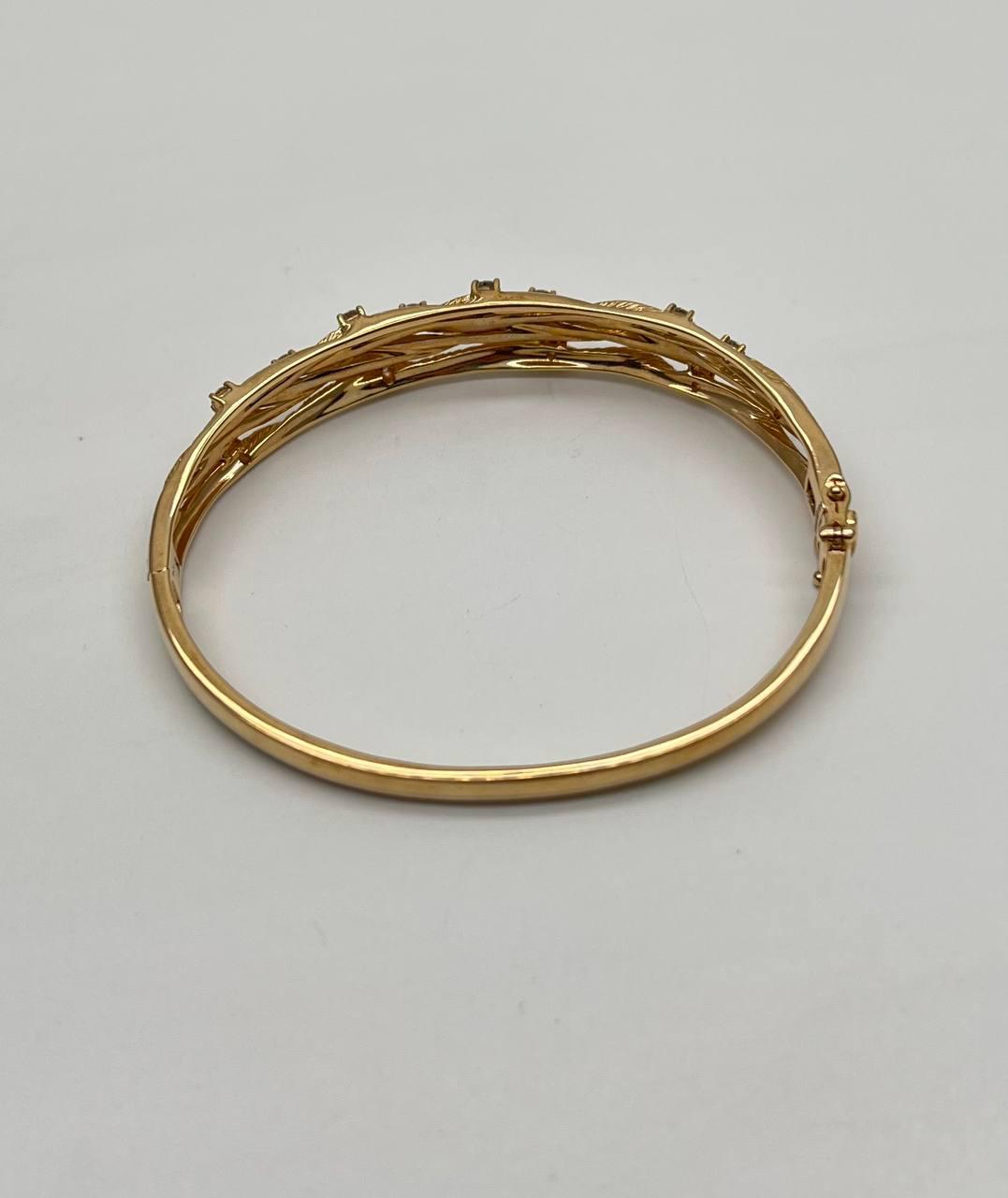 Diamond Nature Branch Inspired Finish 14K Yellow Gold Hinge Bangle Bracelet