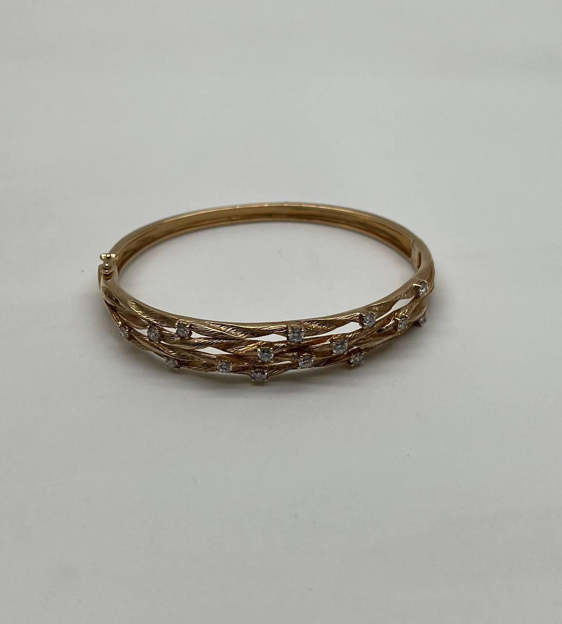 Diamond Nature Branch Inspired Finish 14K Yellow Gold Hinge Bangle Bracelet