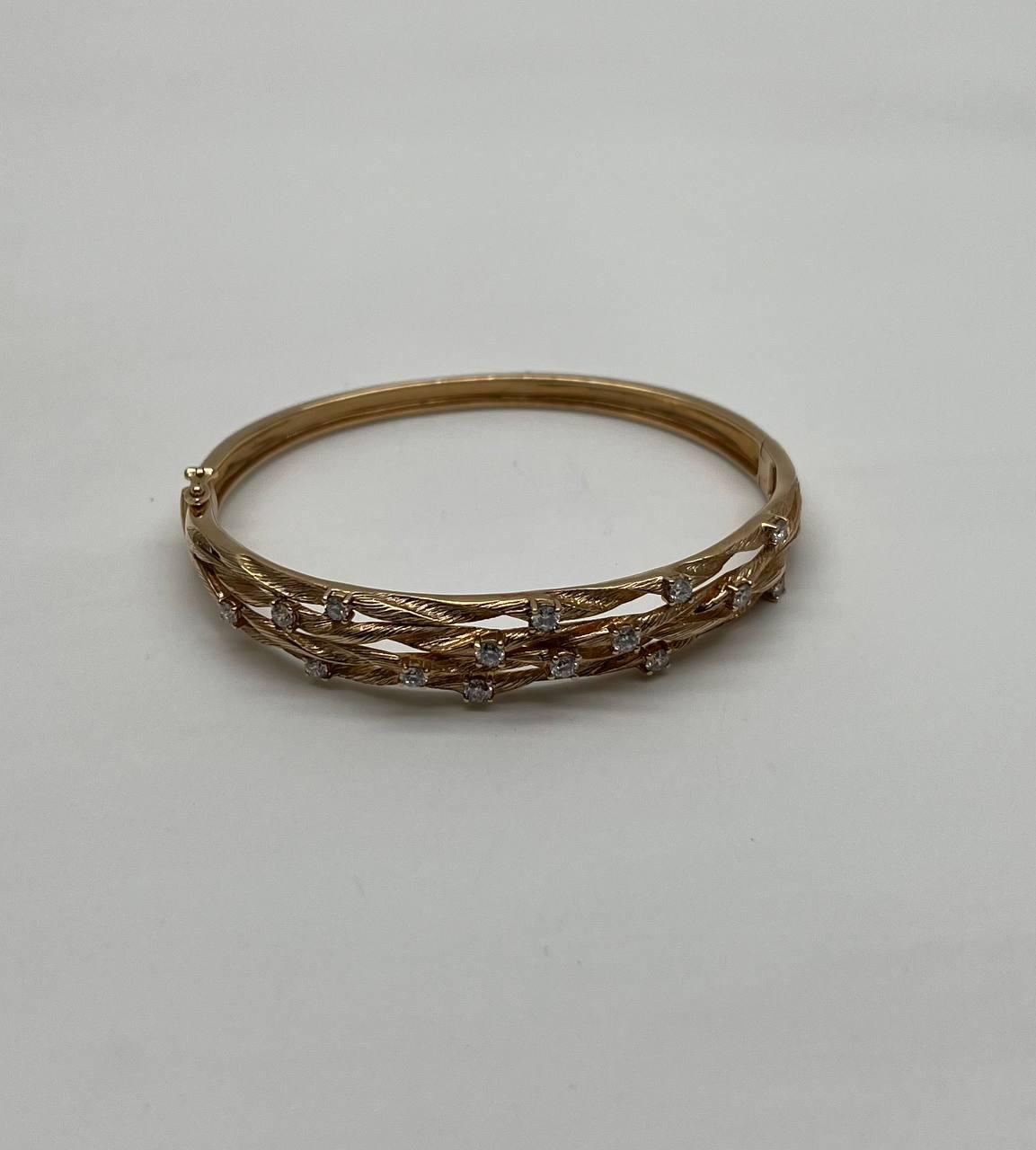 Diamond Nature Branch Inspired Finish 14K Yellow Gold Hinge Bangle Bracelet