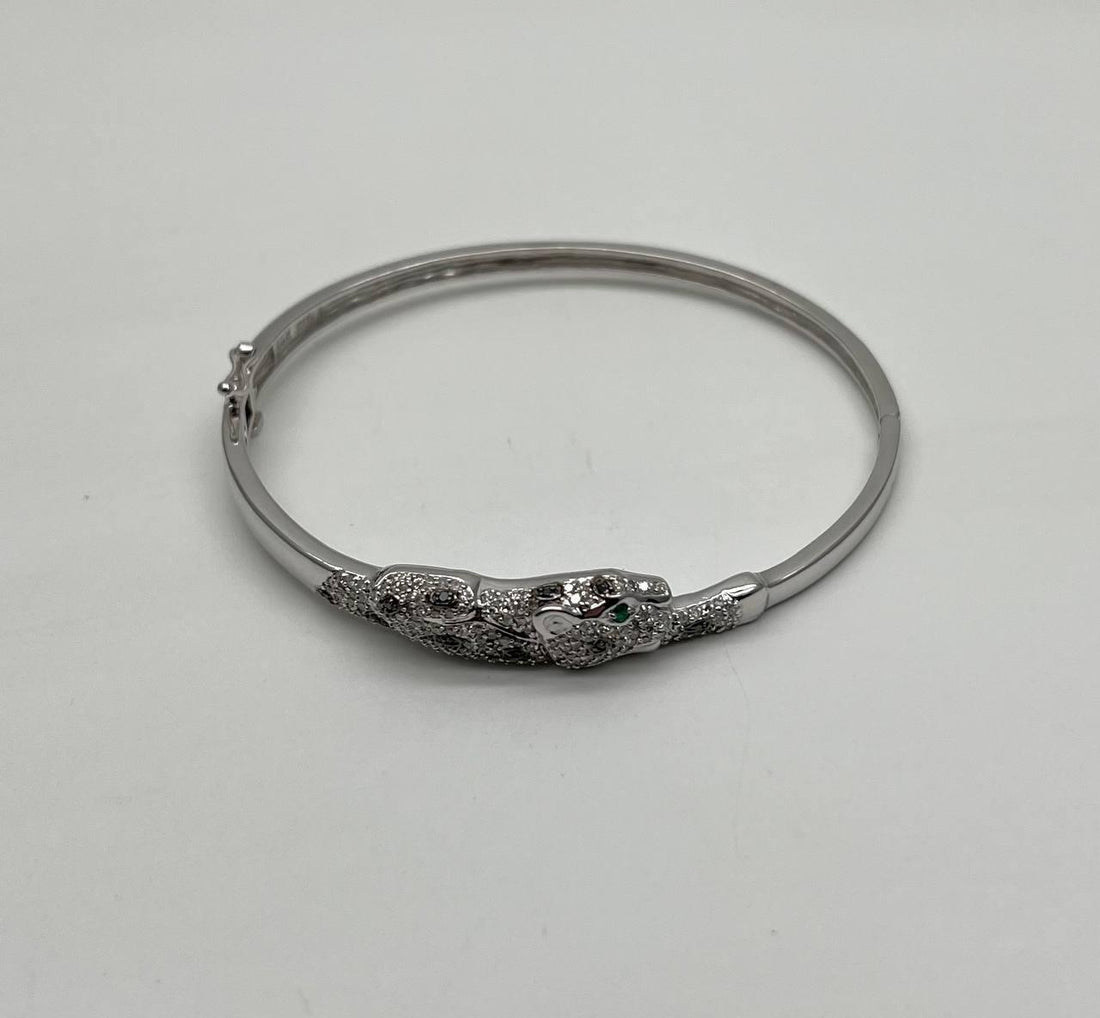 White Snow Leopard Panther Diamond Pave 14K White Gold Hinge Bangle Bracelet