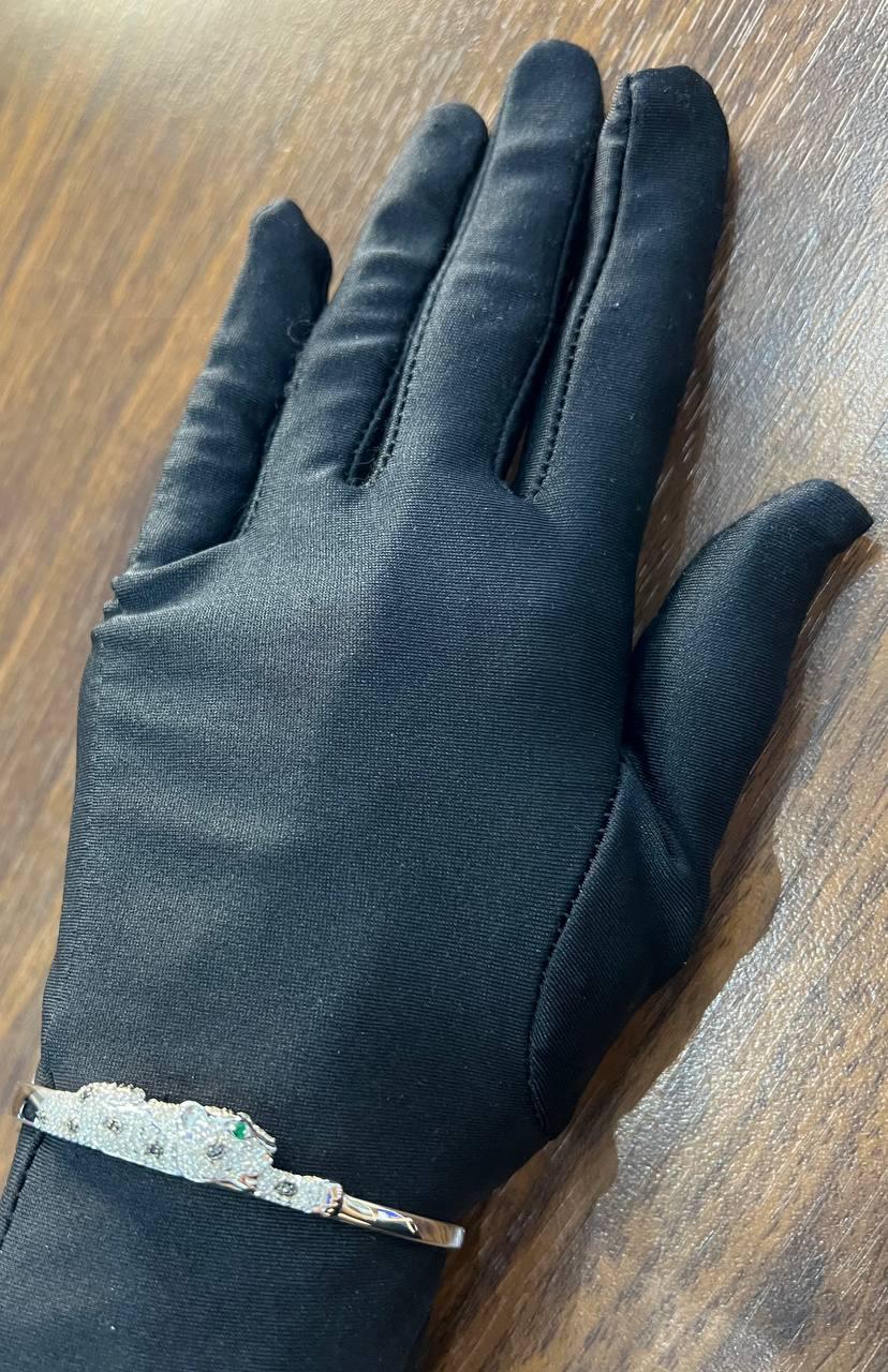 White Snow Leopard Panther Diamond Pave 14K White Gold Hinge Bangle Bracelet