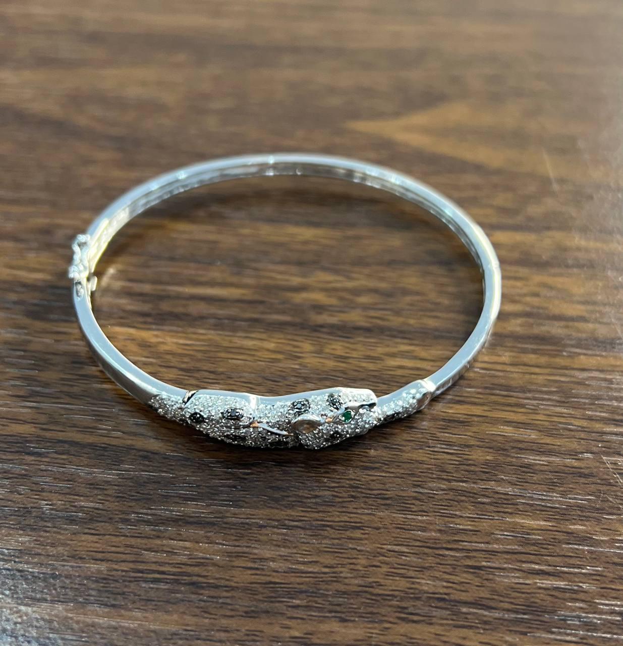 White Snow Leopard Panther Diamond Pave 14K White Gold Hinge Bangle Bracelet