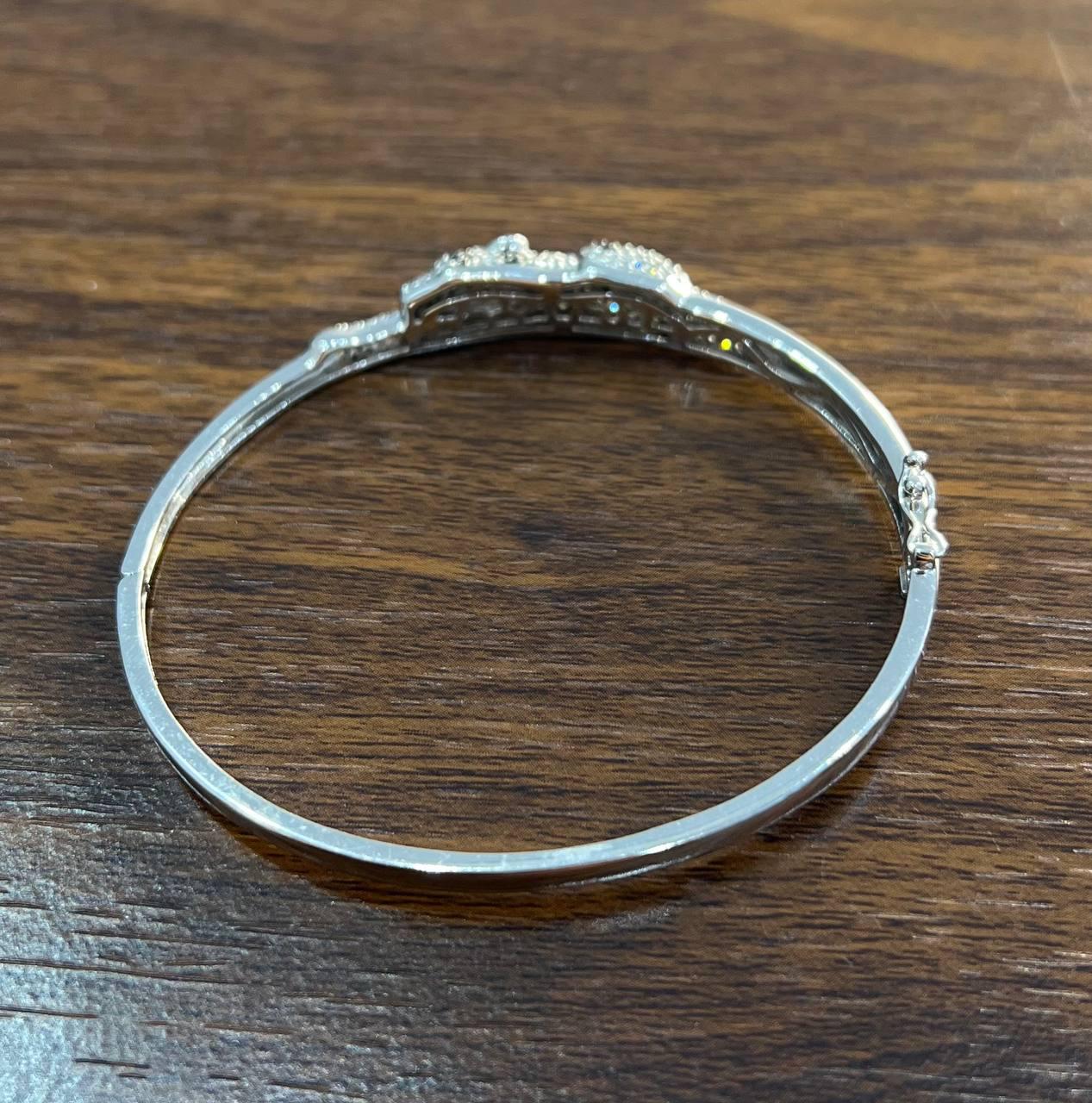 White Snow Leopard Panther Diamond Pave 14K White Gold Hinge Bangle Bracelet