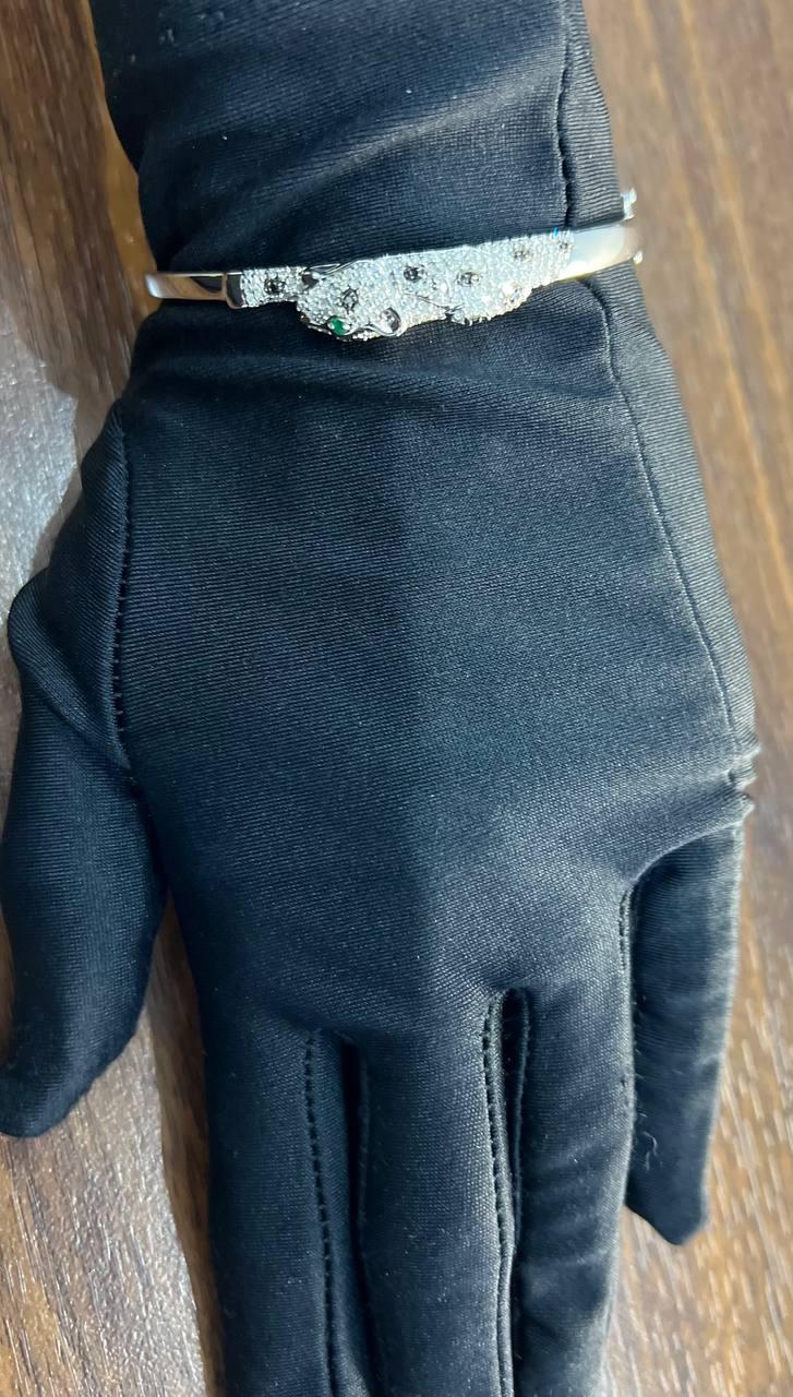 White Snow Leopard Panther Diamond Pave 14K White Gold Hinge Bangle Bracelet