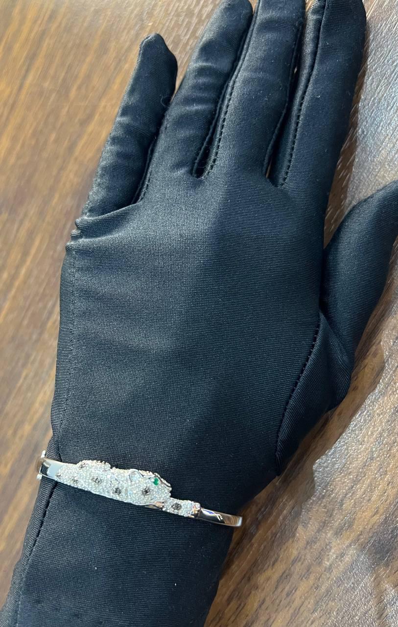 White Snow Leopard Panther Diamond Pave 14K White Gold Hinge Bangle Bracelet