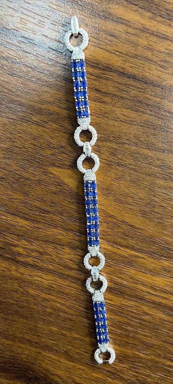 Blue Sapphire Tennis Line Diamond Pave Statement Unique 14K White Gold Bracelet