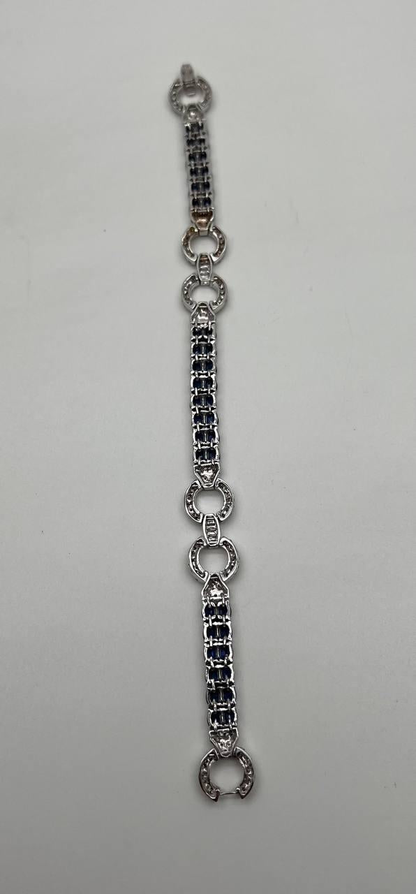 Blue Sapphire Tennis Line Diamond Pave Statement Unique 14K White Gold Bracelet
