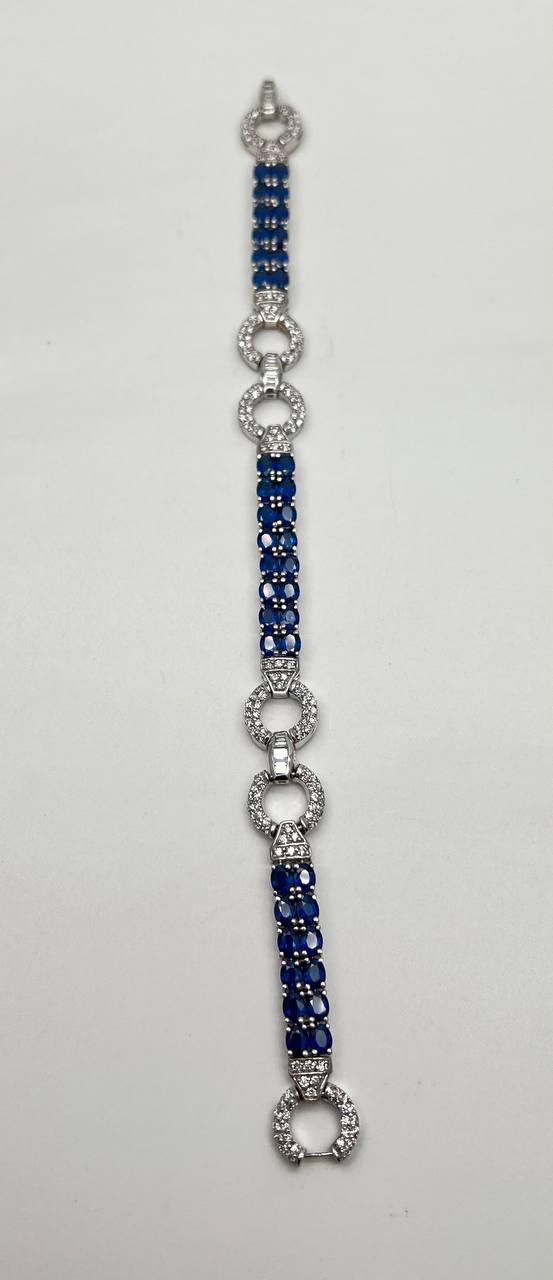 Blue Sapphire Tennis Line Diamond Pave Statement Unique 14K White Gold Bracelet