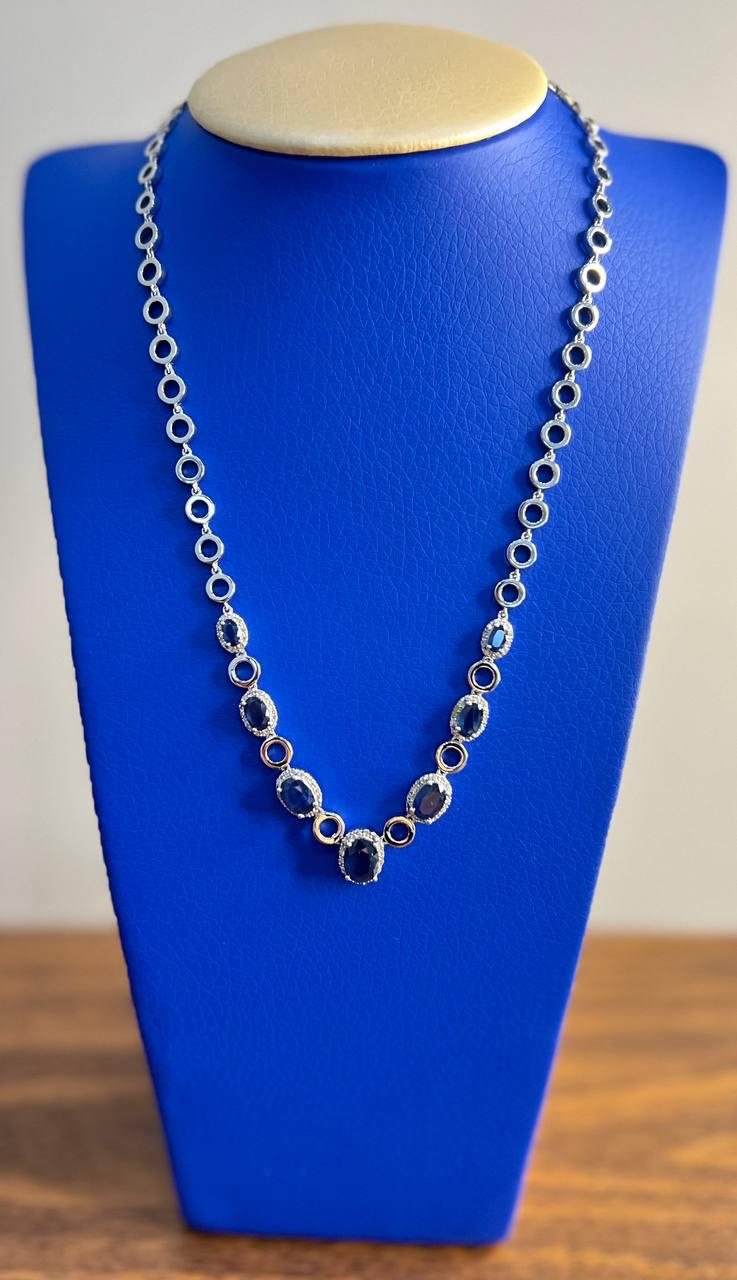 Oval Shape Blue Sapphire 14K White Gold Diamond Halo Set Statement Necklace