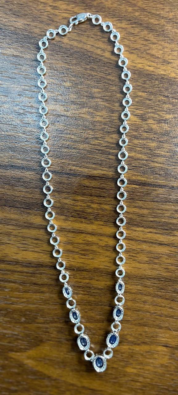 Oval Shape Blue Sapphire 14K White Gold Diamond Halo Set Statement Necklace