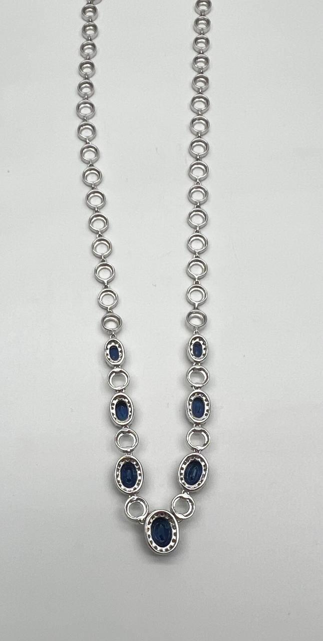 Oval Shape Blue Sapphire 14K White Gold Diamond Halo Set Statement Necklace