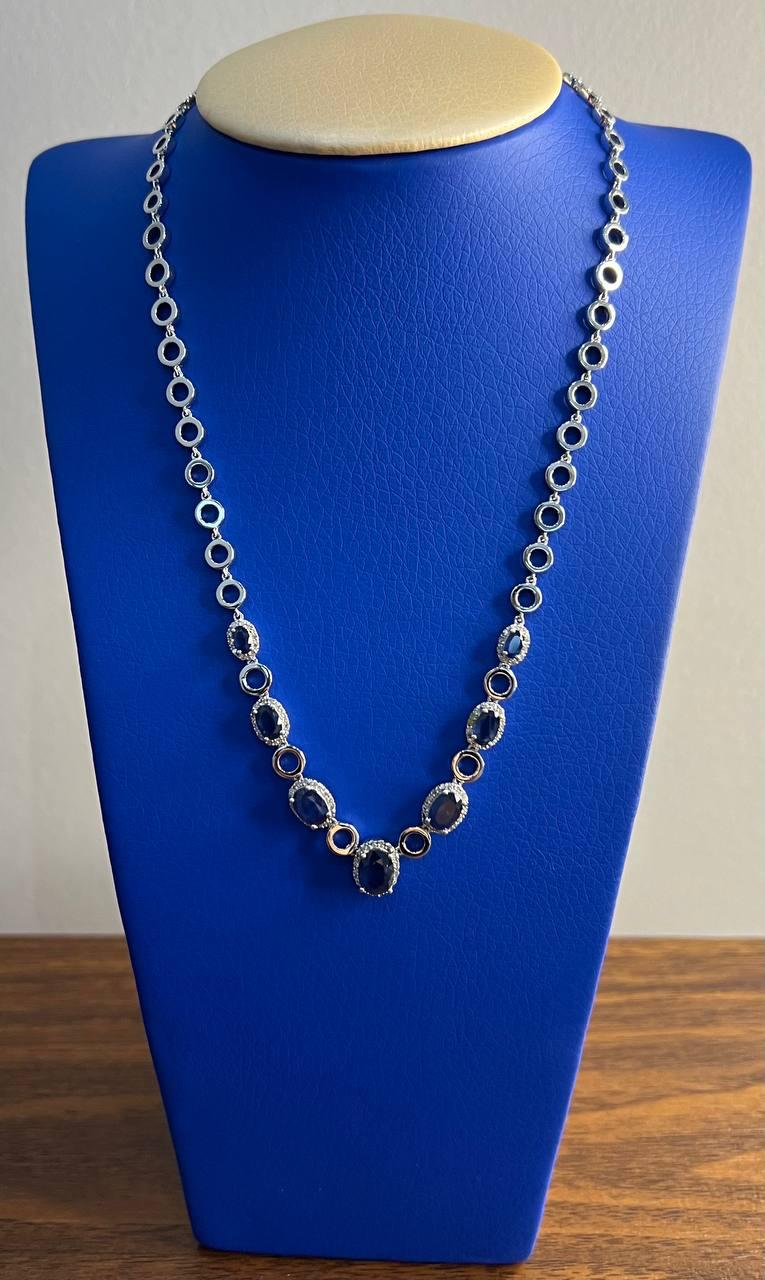 Oval Shape Blue Sapphire 14K White Gold Diamond Halo Set Statement Necklace