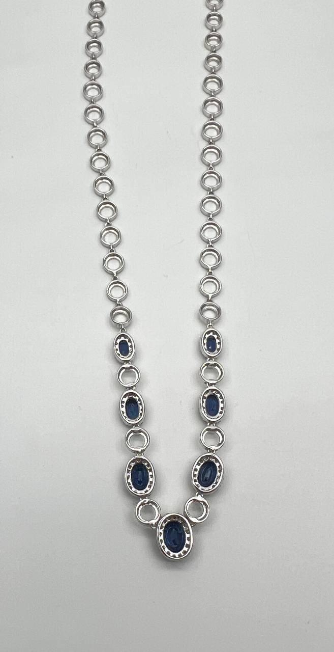 Oval Shape Blue Sapphire 14K White Gold Diamond Halo Set Statement Necklace