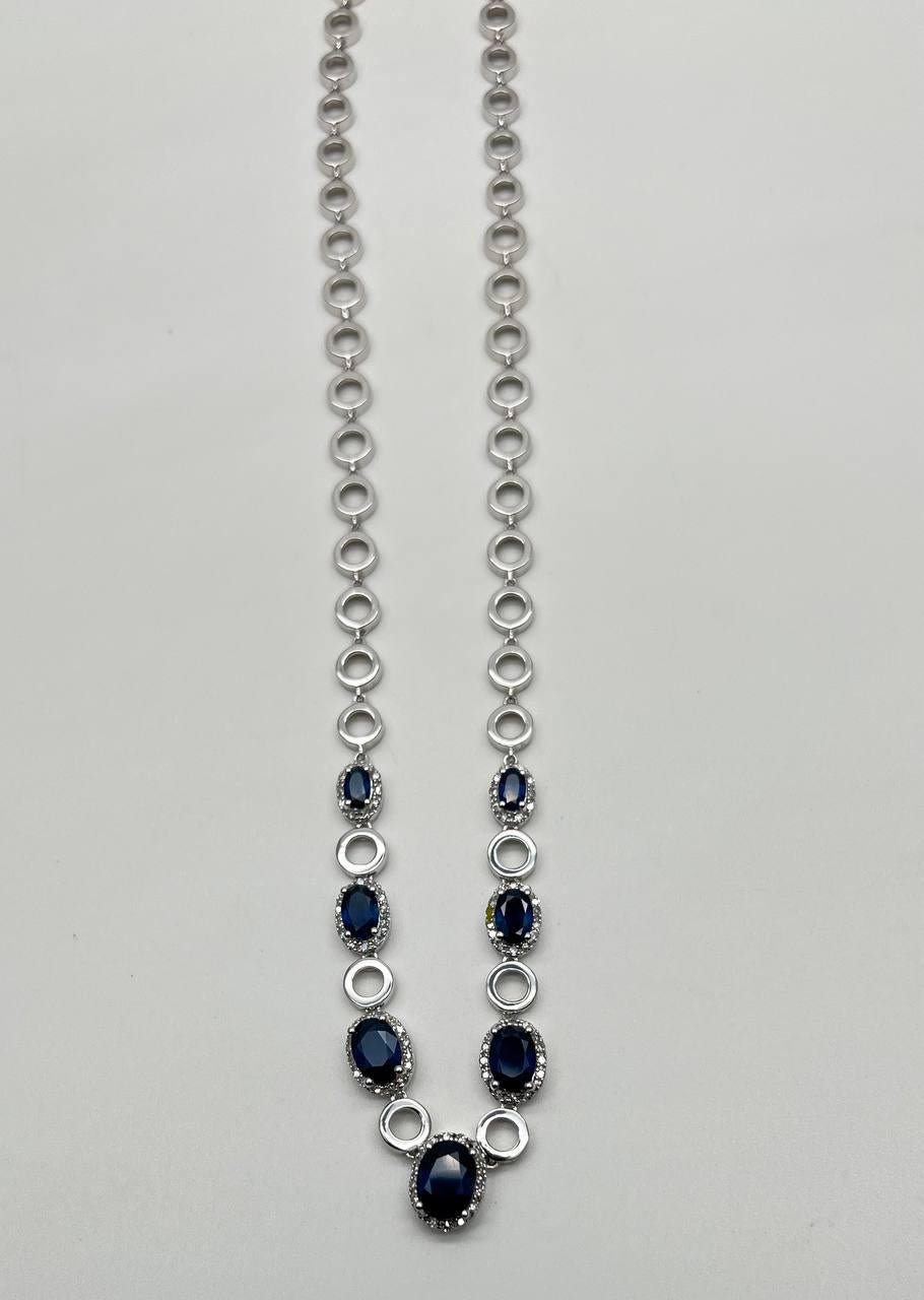 Oval Shape Blue Sapphire 14K White Gold Diamond Halo Set Statement Necklace