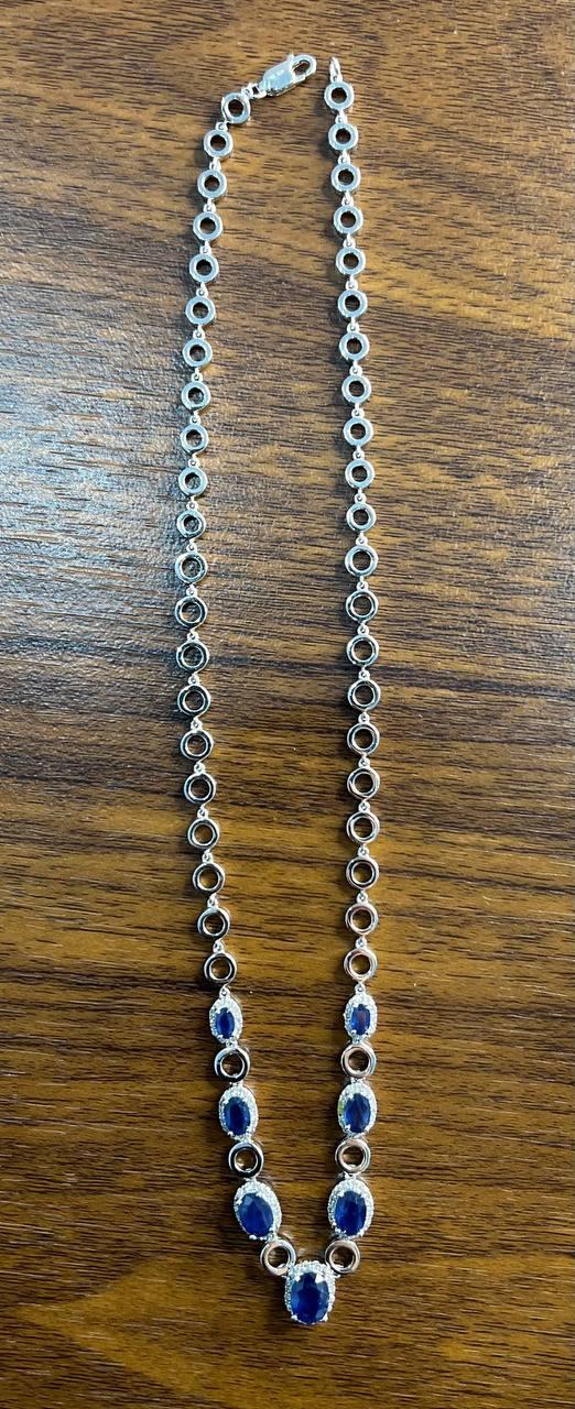 Oval Shape Blue Sapphire 14K White Gold Diamond Halo Set Statement Necklace