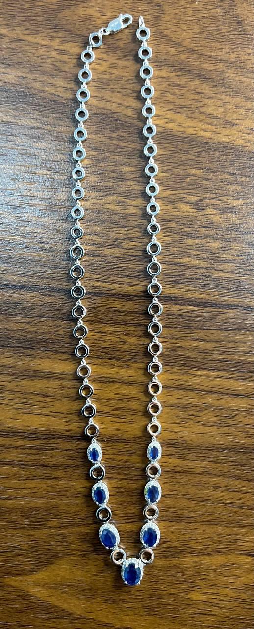 Oval Shape Blue Sapphire 14K White Gold Diamond Halo Set Statement Necklace