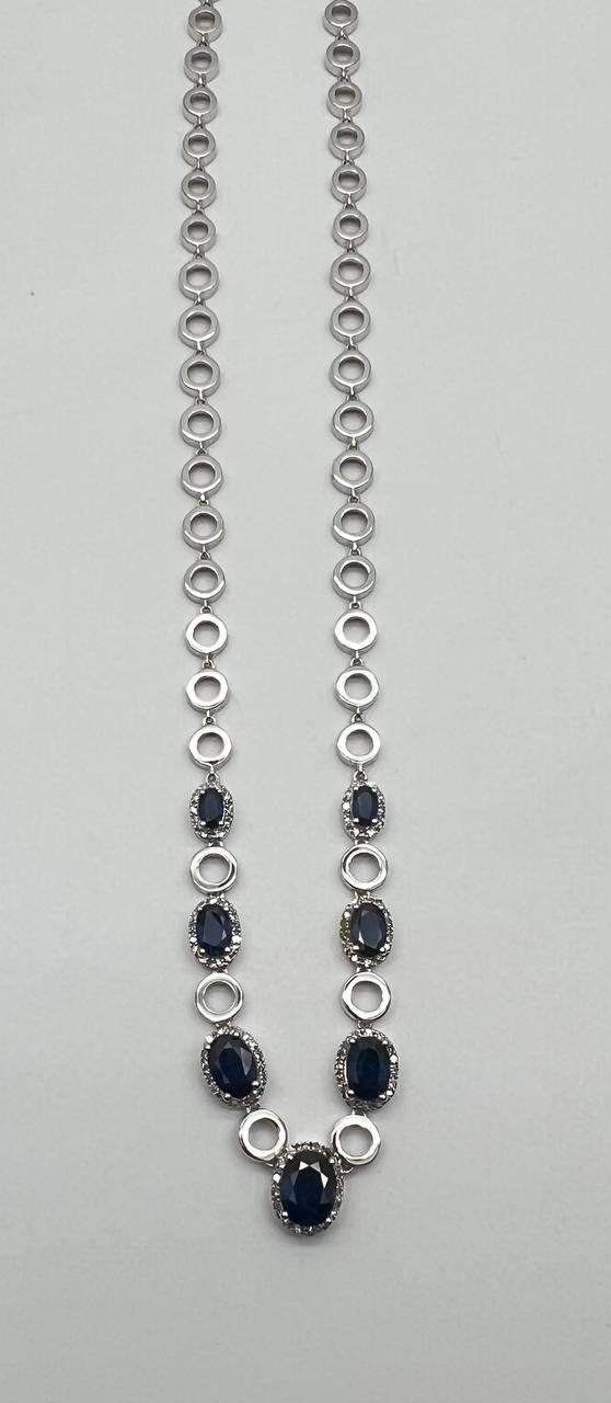 Oval Shape Blue Sapphire 14K White Gold Diamond Halo Set Statement Necklace