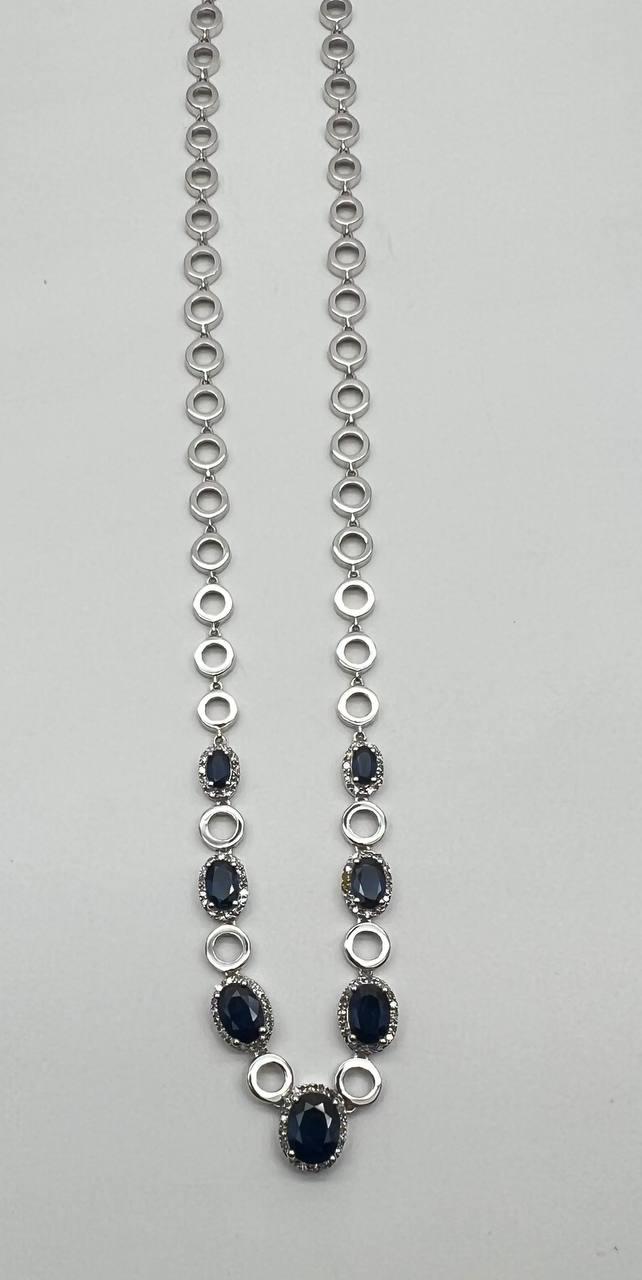 Oval Shape Blue Sapphire 14K White Gold Diamond Halo Set Statement Necklace