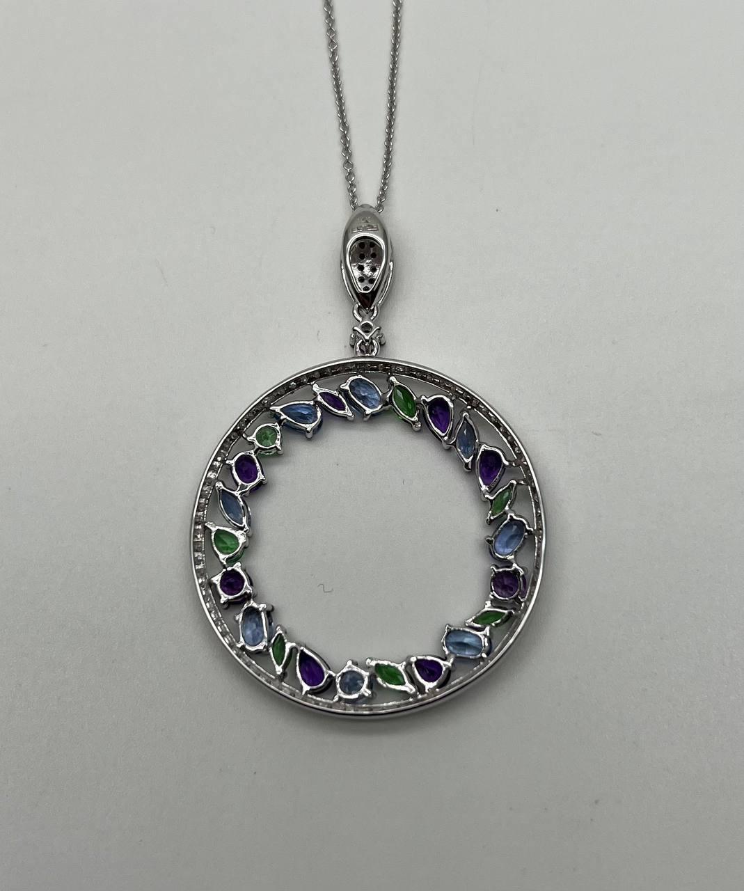 Amethyst Green Tsavorite Blue Sapphire Diamonds 14K White Gold Pendant Necklace